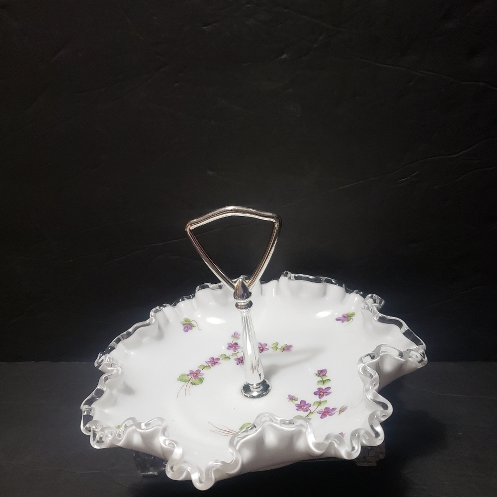 Vintage FENTON Glass "Violets" Ruffled & Handled Candy Dish Or Bon Bon Tray